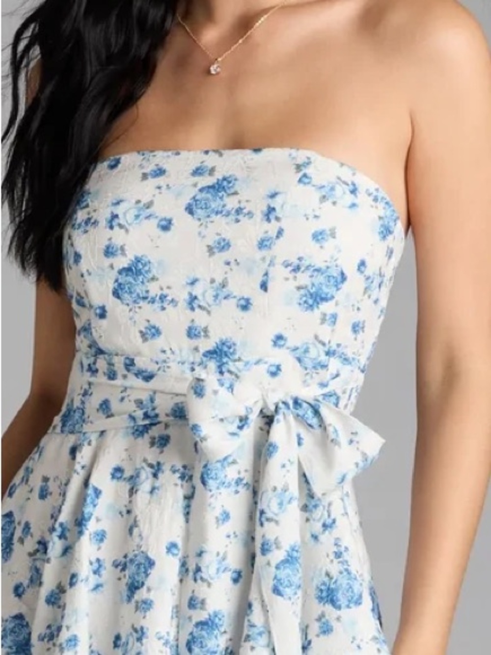 Windsor White Strapless Floral Tie-Waist Dress with Blue Roses